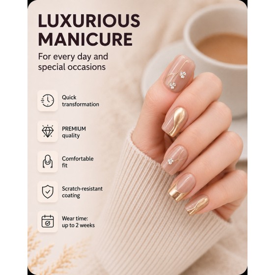 Nude Square Press‑On Nails, Luxury False Nails With Gold Wavy Lines & Rhinestone Flower Charms